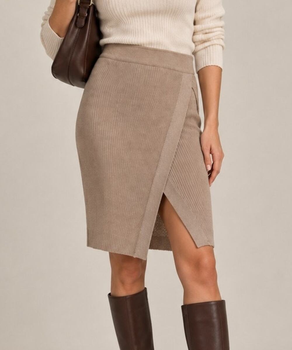 Abercrombie & Fitch Ribbed Knit Faux Wrap Pencil Midi Skirt S Beige Quiet Luxury